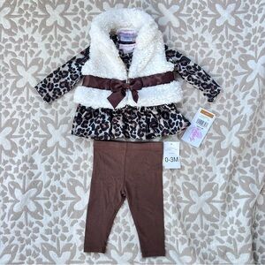 NWT! Little Girl’s Faux Fur Vest w Cheetah Shirt-Dress & Leggings, Size 0-3M